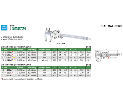 INSIZE Measuring Equipment Insize Dial Caliper 0-300mm Range Series 1312-300A