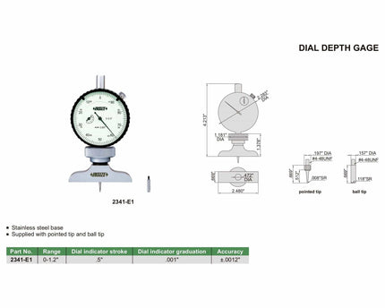 INSIZE Measuring Equipment Insize Dial Depth Gauge 0-1.2" Range Series 2341-E1