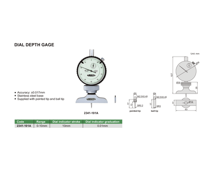 INSIZE Measuring Equipment Insize Dial Depth Gauge 0-10mm x 0.01mm Range Series 2341-101A