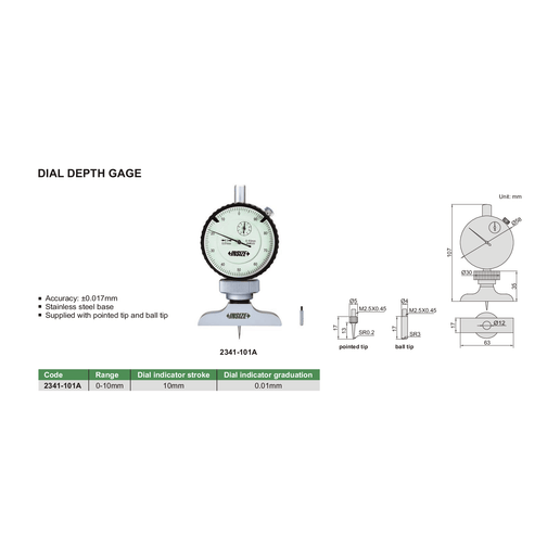 INSIZE Measuring Equipment Insize Dial Depth Gauge 0-10mm x 0.01mm Range Series 2341-101A