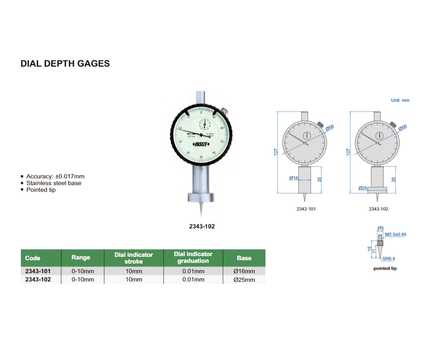 INSIZE Measuring Equipment Insize Dial Depth Gauge 0-10mm x 0.01mm Range Series 2343-101