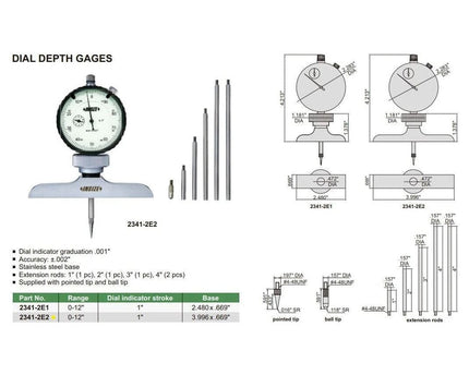 INSIZE Measuring Equipment Insize Dial Depth Gauge 0-12" x 0.001" Range Series 2341-2E2