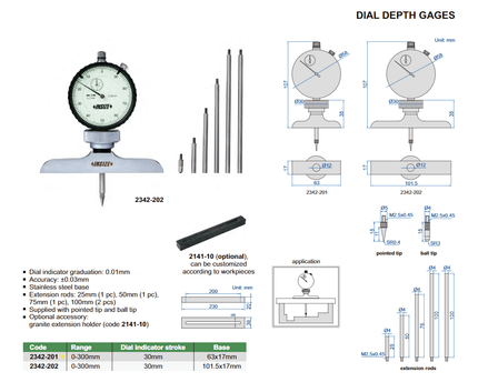 INSIZE Measuring Equipment Insize Dial Depth Gauge 0-300mm x 0.01mm Range Series 2342-201