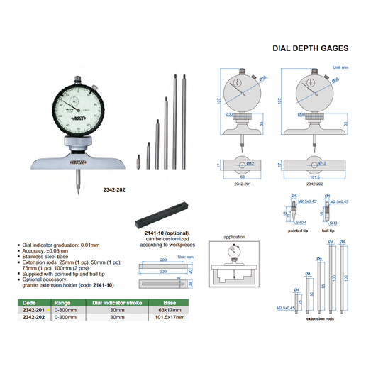 INSIZE Measuring Equipment Insize Dial Depth Gauge 0-300mm x 0.01mm Range Series 2342-201