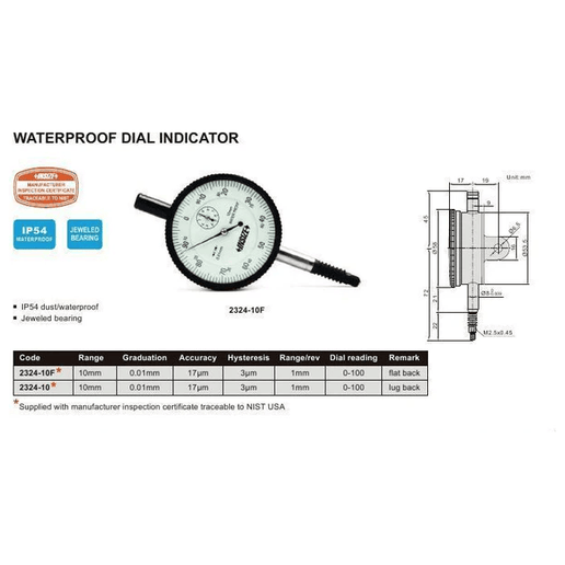 INSIZE Measuring Equipment Insize Dial Indicator 10mm Range Series 2324-10
