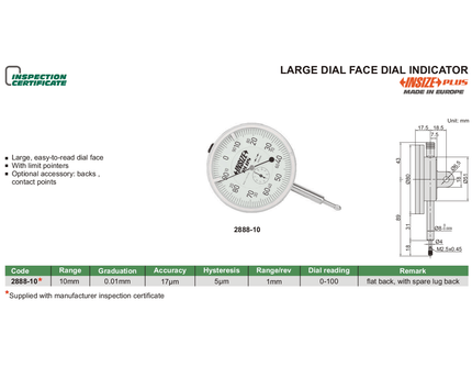 INSIZE Measuring Equipment Insize Dial Indicator 10mm Range Series 2888-10