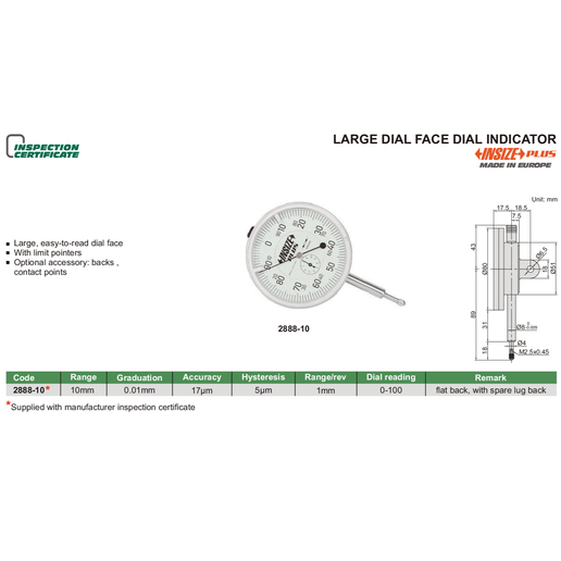 INSIZE Measuring Equipment Insize Dial Indicator 10mm Range Series 2888-10