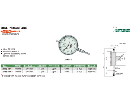 INSIZE Measuring Equipment Insize Dial Indicator 10mm Range Series 2892-10