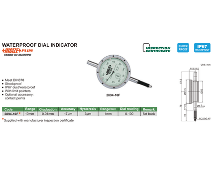 INSIZE Measuring Equipment Insize Dial Indicator 10mm Range Series 2894-10F