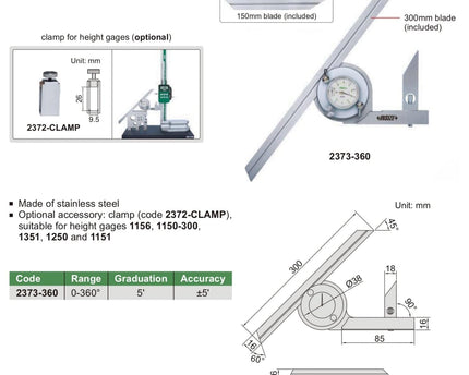 INSIZE Measuring Equipment Insize Dial Protractor 0-360 x 5' Range Series 2373-360