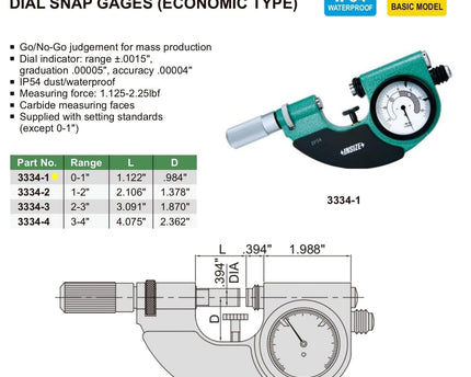 INSIZE Measuring Equipment Insize Dial Snap Gauge 0-1" Range Series 3334-1