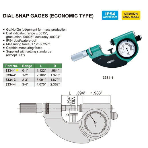 INSIZE Measuring Equipment Insize Dial Snap Gauge 0-1" Range Series 3334-1