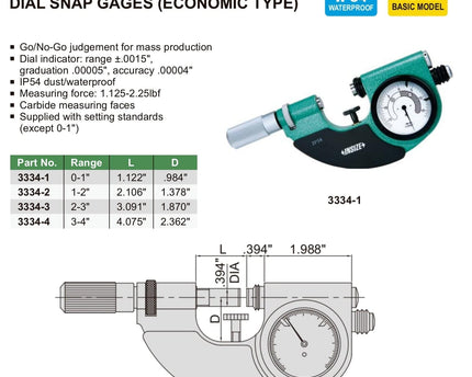 INSIZE Measuring Equipment Insize Dial Snap Gauge 1-2" Range Series 3334-2