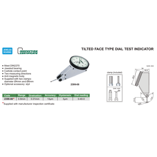 INSIZE Measuring Equipment Insize Dial Test Indicator 0.8mm x 0.01mm Range Series 2399-08