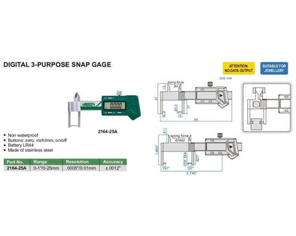 INSIZE Measuring Equipment Insize Digital 3 Purpose Snap Gauge 0-25mm/0-1" Range Series 2164-25A