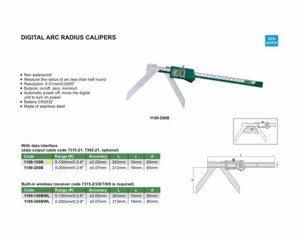 INSIZE Measuring Equipment Insize Digital Arc Radius Caliper 5-150mm/0.2-6" Range Series 1189-150B
