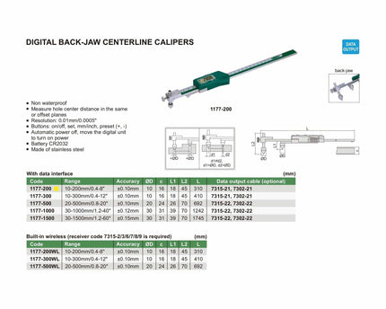 INSIZE Measuring Equipment Insize Digital Back-Jaw Caliper 10-200mm/0.4-8" Range Series 1177-200
