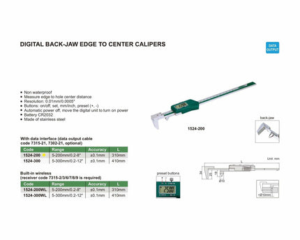 INSIZE MEASURING EQUIPMENT Insize Digital Back-Jaw Edge to Center Caliper Range Series 1524-200