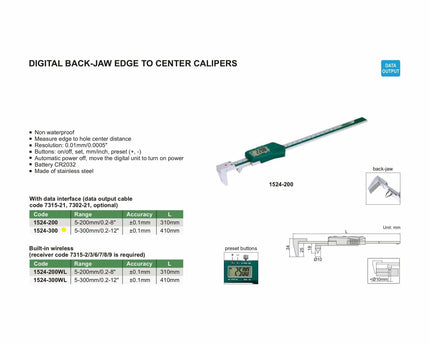 INSIZE MEASURING EQUIPMENT Insize Digital Back-Jaw Edge to Center Caliper Range Series 1524-300
