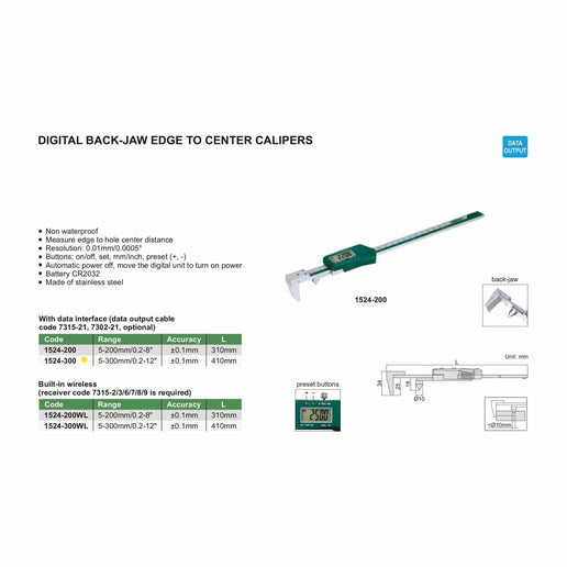 INSIZE MEASURING EQUIPMENT Insize Digital Back-Jaw Edge to Center Caliper Range Series 1524-300
