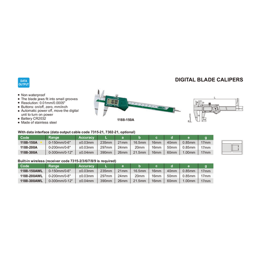 INSIZE Measuring Equipment Insize Digital Blade Caliper 0-150mm / 0-6" Range Series 1188-150A