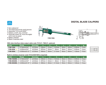 INSIZE Measuring Equipment Insize Digital Blade Caliper 0-200mm / 0-8" Range Series 1188-200A