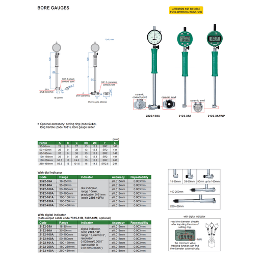 INSIZE MEASURING EQUIPMENT Insize Digital Bore Gauge 160–250 mm Range Series 2122-250A