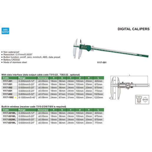 INSIZE Measuring Equipment Insize Digital Caliper 0-1000mm / 0-40" Range Series 1117-1002