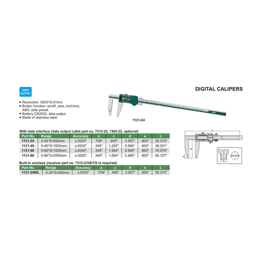 INSIZE Measuring Equipment Insize Digital Caliper 0-1000mm/0-40" Range Series 1131-40