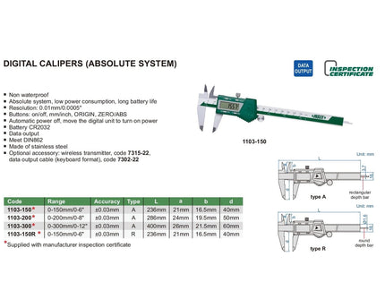 INSIZE Measuring Equipment Insize Digital Caliper 0-150mm / 0-6" Range Series 1103-150