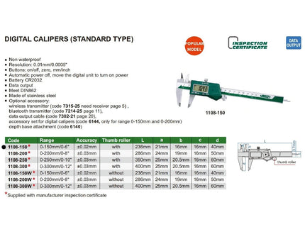 INSIZE Measuring Equipment Insize Digital Caliper 0-150mm/0-6" Range Series 1108-150