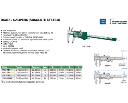 INSIZE Measuring Equipment Insize Digital Caliper 0-200mm / 0-8" Range Series 1103-200