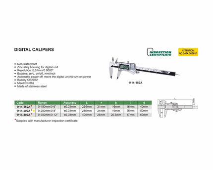 INSIZE Measuring Equipment Insize Digital Caliper 0-200mm/0-8" Range Series 1114-200A