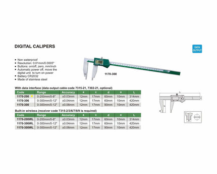 INSIZE Measuring Equipment Insize Digital Caliper 0-200mm/0-8" Range Series 1170-200