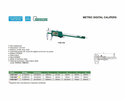 INSIZE Measuring Equipment Insize Digital Caliper 0-200mm Range Series 1109-200