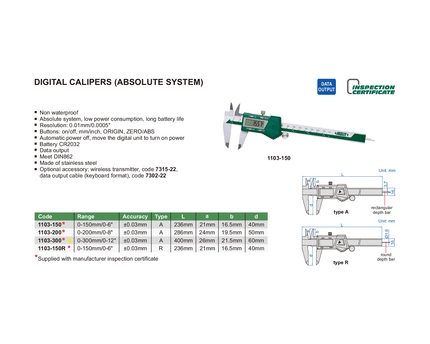 INSIZE Measuring Equipment Insize Digital Caliper 0-300mm / 0-12" Range Series 1103-300