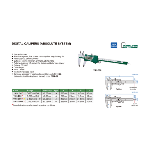 INSIZE Measuring Equipment Insize Digital Caliper 0-300mm / 0-12" Range Series 1103-300
