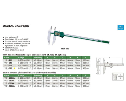 INSIZE Measuring Equipment Insize Digital Caliper 0-300mm/0-12" Range Series 1171-300