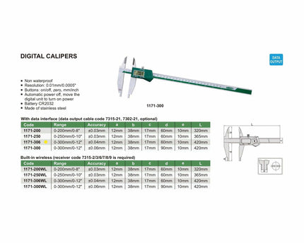 INSIZE Measuring Equipment Insize Digital Caliper 0-300mm/0-12" Range Series 1171-306
