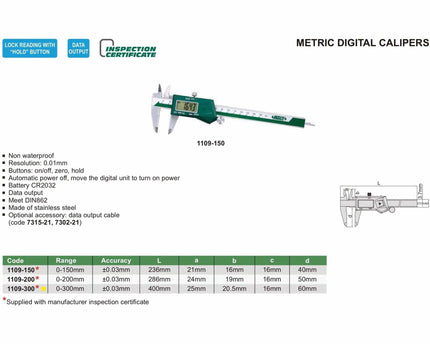 INSIZE Measuring Equipment Insize Digital Caliper 0-300mm Range Series 1109-300