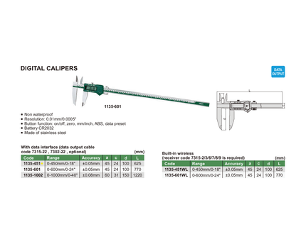 INSIZE Measuring Equipment Insize Digital Caliper  0-450mm / 0-18" Range Series 1135-451