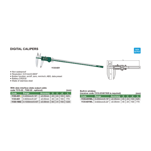 INSIZE Measuring Equipment Insize Digital Caliper  0-450mm / 0-18" Range Series 1135-451