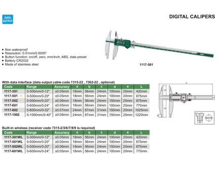 INSIZE Measuring Equipment Insize Digital Caliper 0-500mm / 0-20" Range Series 1117-501