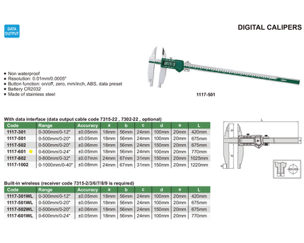 INSIZE Measuring Equipment Insize Digital Caliper 0-600mm / 0-24" Range Series 1117-601