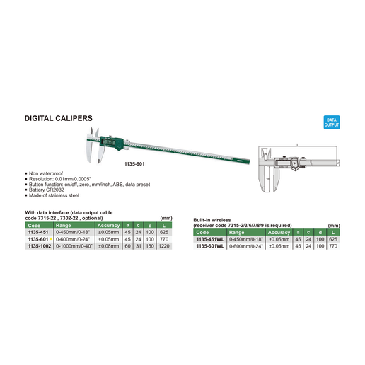 INSIZE Measuring Equipment Insize Digital Caliper  0-600mm / 0-24" Range Series 1135-601