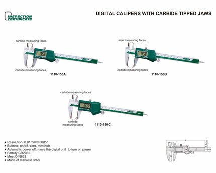 INSIZE Measuring Equipment Insize Digital Caliper TCT 0-150mm/0-6" Range Series 1110-150A