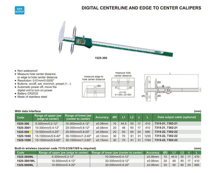 INSIZE MEASURING EQUIPMENT Insize Digital Centerline Caliper 10-500mm Range Series 1525-500
