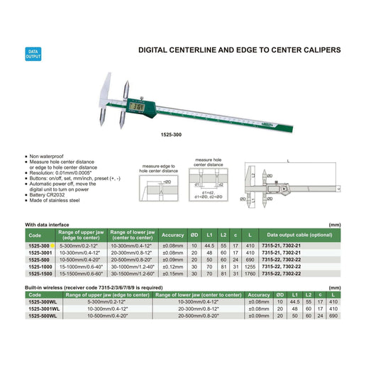 INSIZE MEASURING EQUIPMENT Insize Digital Centerline Caliper 5-300mm Range Series 1525-300