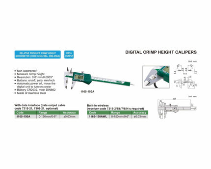 INSIZE Measuring Equipment Insize Digital Crimp Height Caliper 0-150mm/0-6" Range Series 1165-150A