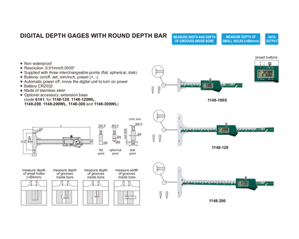 INSIZE Measuring Equipment Insize Digital Depth Gauge 0-100mm / 0-4" Range Series 1148-100